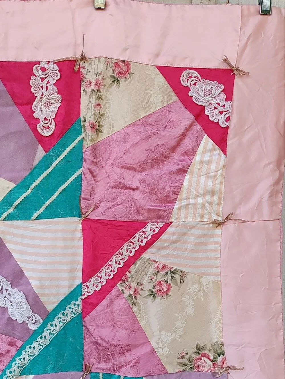Vintage Handsewn Patchwork Satin Lace Quilt, Grandmacore, Victorian, Cottagecore